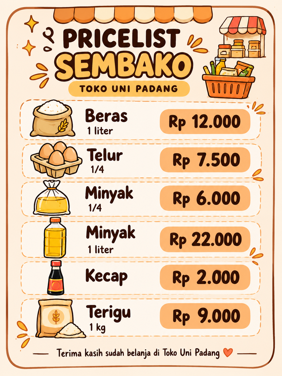 PRICELIST HARGA TOKO UNI PADANG